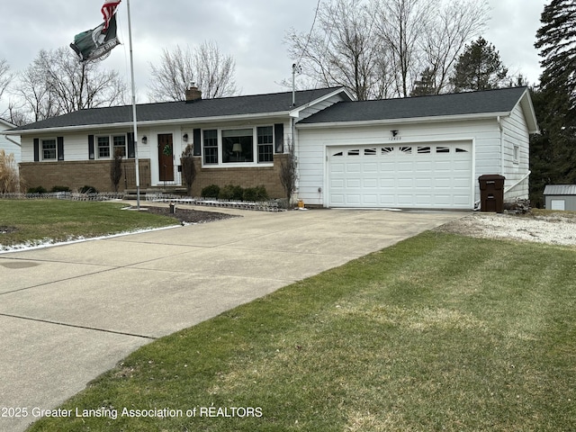 ranch-style home featuring a garage, concrete driveway, a chimney, a front lawn, and brick siding