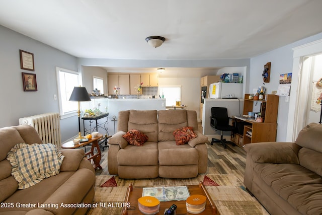 living area with wood finished floors and radiator heating unit