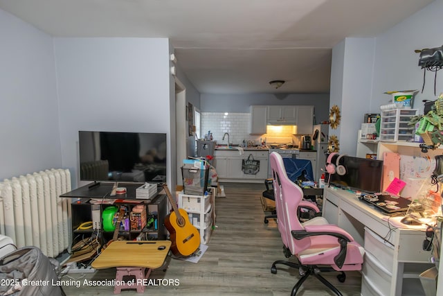 office featuring a sink, radiator, and wood finished floors