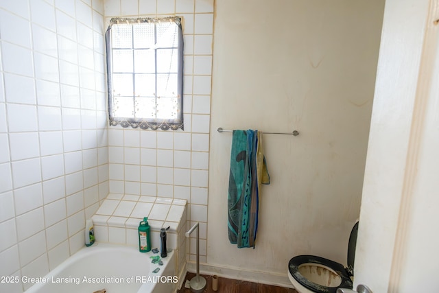 bathroom with a washtub and toilet