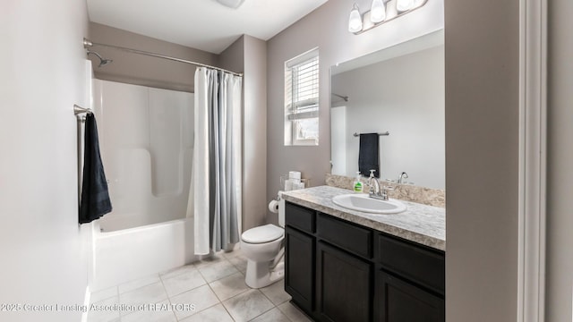 full bathroom featuring vanity, tile patterned flooring, toilet, and shower / bathtub combination with curtain