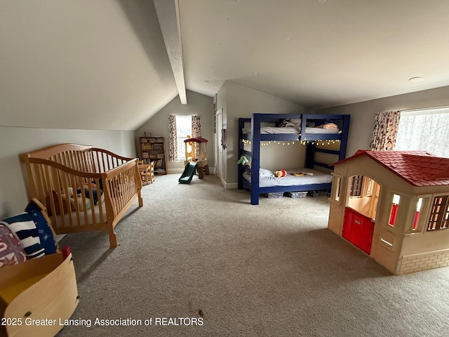 carpeted bedroom with vaulted ceiling with beams