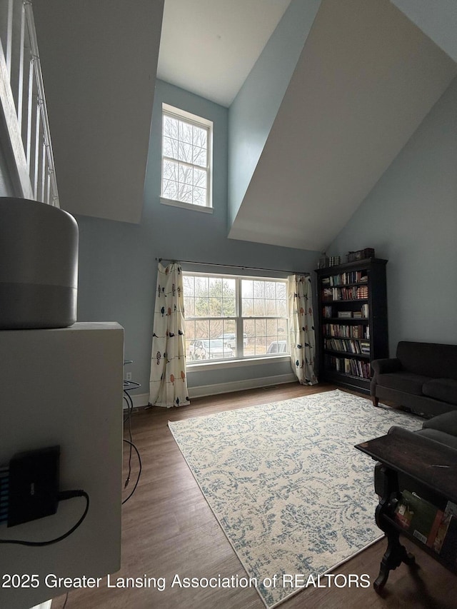 living room featuring high vaulted ceiling and wood finished floors