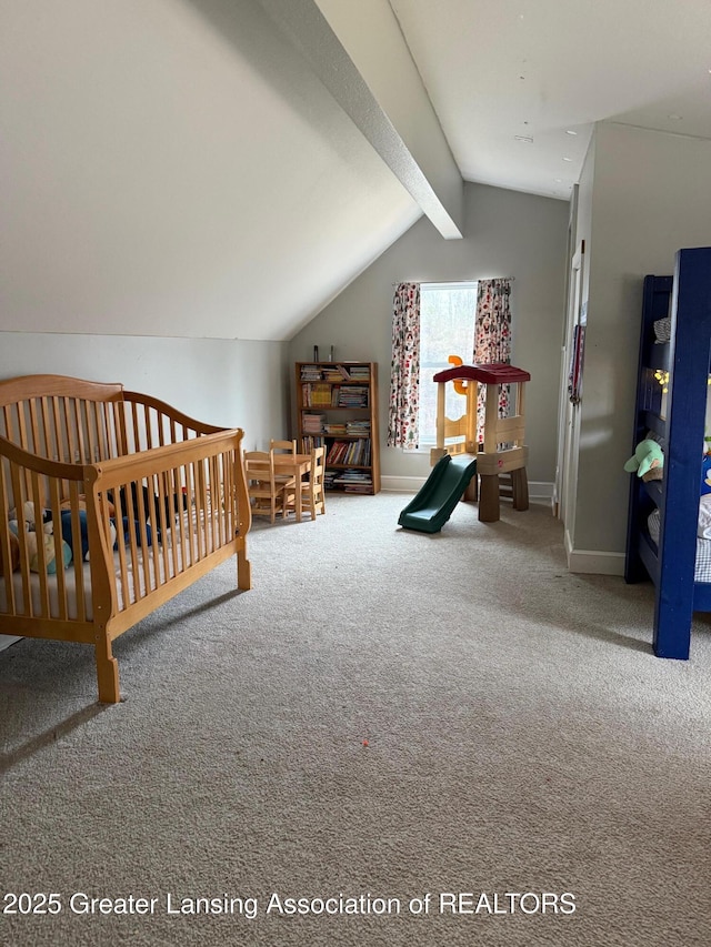 bedroom featuring lofted ceiling with beams, carpet, and baseboards