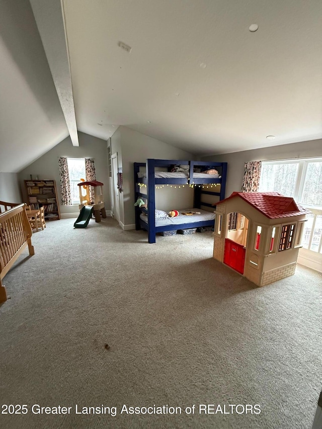 game room with lofted ceiling with beams and carpet