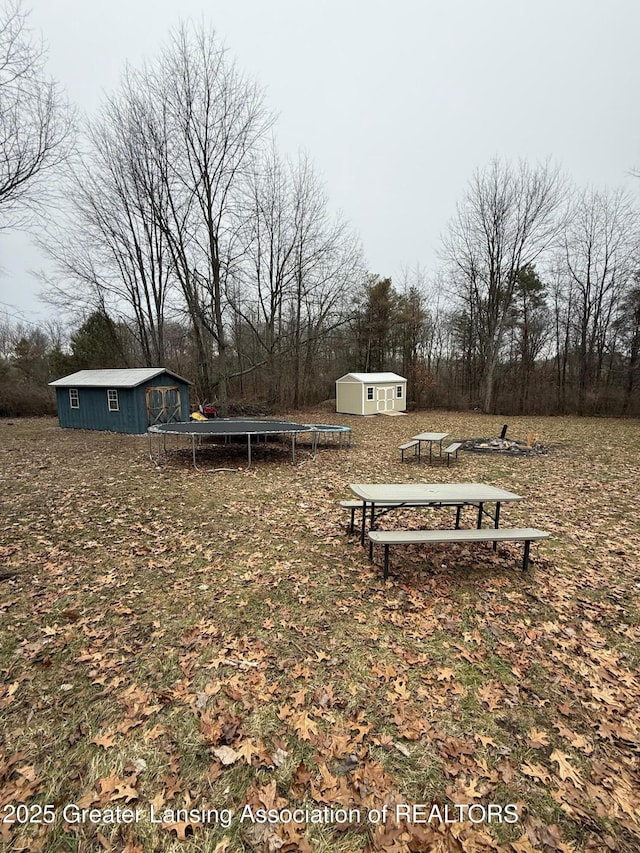 view of yard featuring a trampoline and an outdoor structure