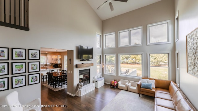 living room with baseboards, dark wood finished floors, a glass covered fireplace, high vaulted ceiling, and ceiling fan with notable chandelier