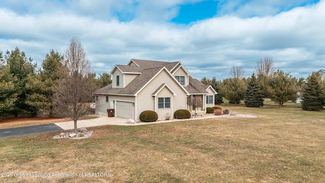 view of property exterior with driveway and a lawn