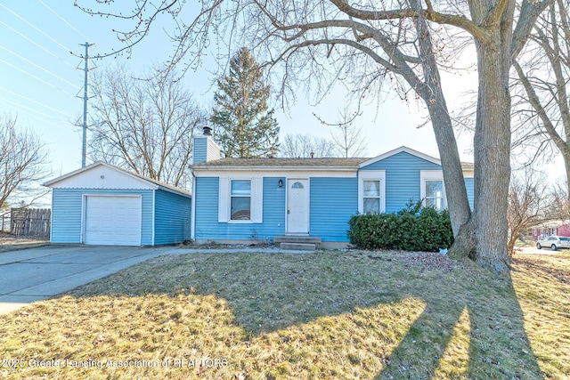 single story home with a front yard, driveway, a chimney, an outdoor structure, and a garage