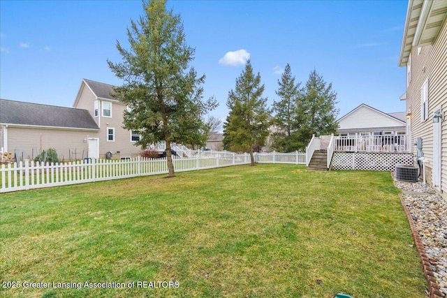 view of yard featuring a fenced backyard and a wooden deck