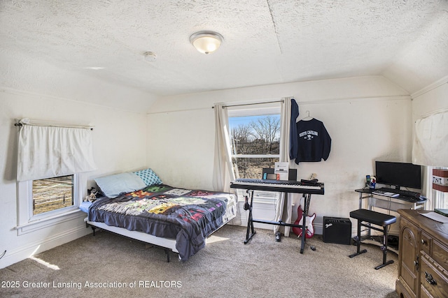 bedroom with carpet floors, lofted ceiling, and a textured ceiling