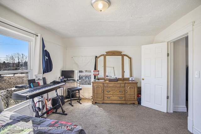 bedroom with carpet floors, a textured ceiling, and lofted ceiling