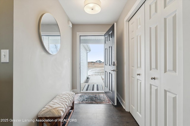 doorway to outside with dark wood-type flooring