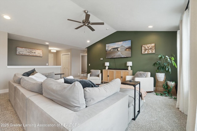 living area featuring recessed lighting, carpet floors, a ceiling fan, baseboards, and vaulted ceiling