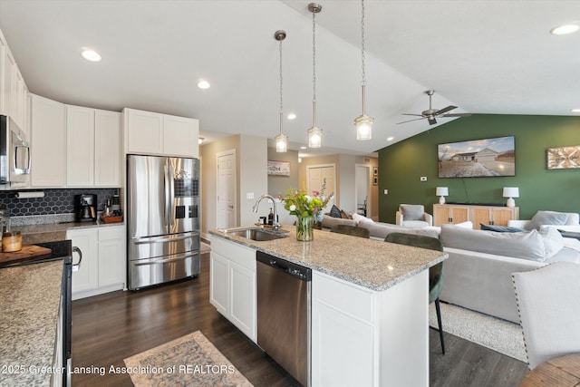 kitchen featuring dark wood-type flooring, stainless steel appliances, a sink, and open floor plan