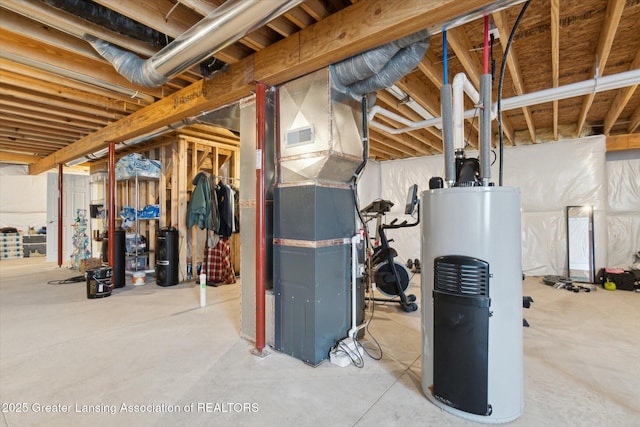 unfinished basement with heating unit, visible vents, and gas water heater