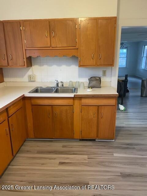 kitchen with light wood finished floors, backsplash, light countertops, and a sink