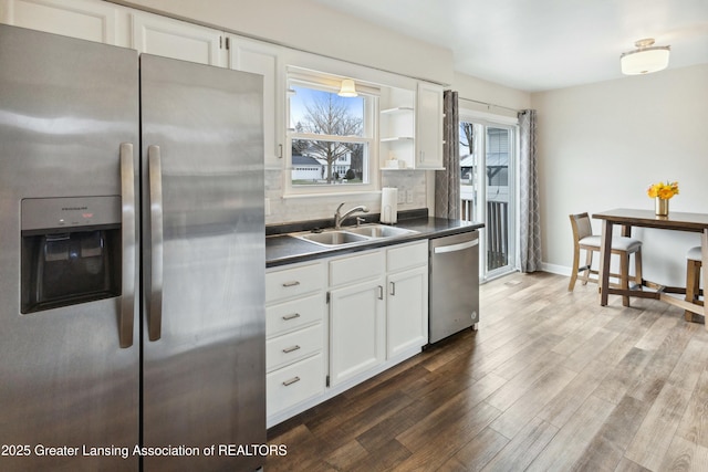 kitchen with dark wood finished floors, a sink, stainless steel appliances, white cabinetry, and dark countertops