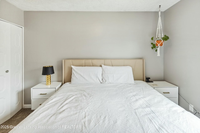 carpeted bedroom featuring a closet and a textured ceiling