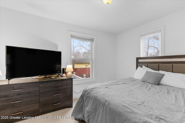 bedroom featuring light carpet