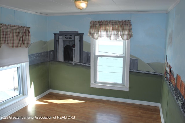 interior space with wood finished floors, crown molding, a healthy amount of sunlight, and baseboards