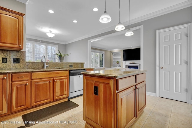 kitchen with a sink, dishwasher, light tile patterned flooring, and crown molding