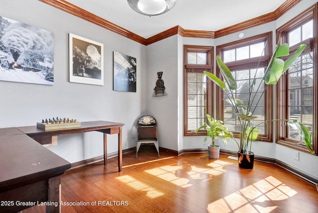 living area featuring hardwood / wood-style floors, crown molding, and a healthy amount of sunlight