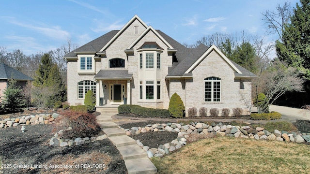 french country style house with brick siding and a shingled roof