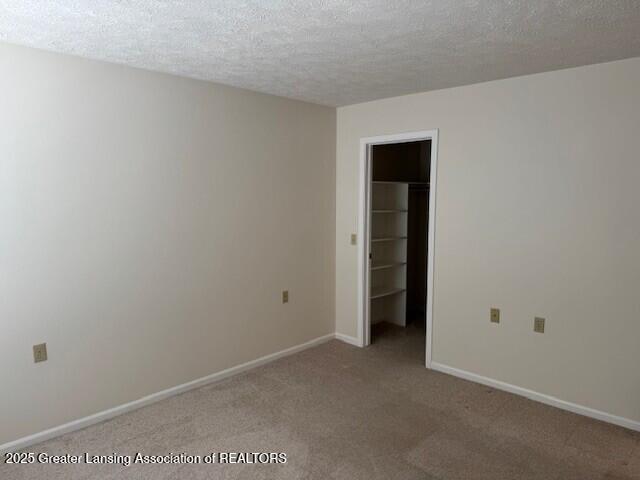 unfurnished bedroom with a spacious closet, carpet, baseboards, and a textured ceiling