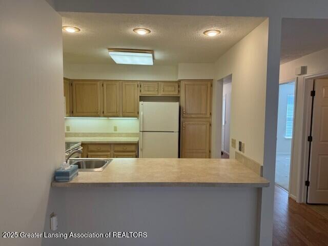 kitchen featuring light countertops, a peninsula, freestanding refrigerator, a textured ceiling, and a sink