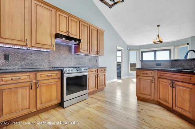 kitchen featuring under cabinet range hood, gas range, light wood-type flooring, vaulted ceiling, and a sink