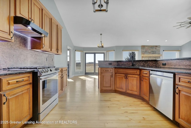 kitchen with under cabinet range hood, decorative backsplash, light wood-style flooring, brown cabinetry, and stainless steel appliances