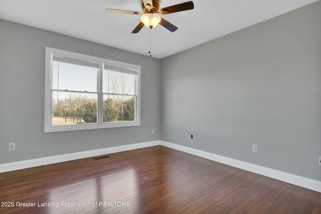 unfurnished room featuring visible vents, ceiling fan, baseboards, and dark wood-style flooring