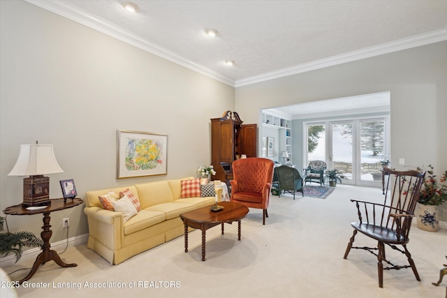 living room with recessed lighting, french doors, crown molding, baseboards, and light colored carpet