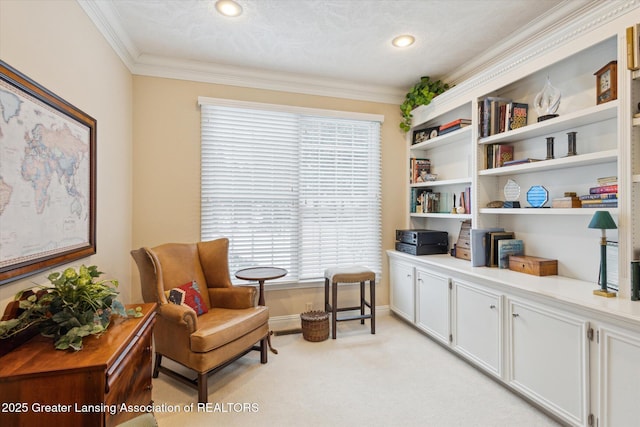 sitting room with light carpet, recessed lighting, baseboards, and ornamental molding