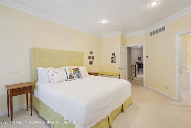 bedroom featuring visible vents, recessed lighting, crown molding, baseboards, and light colored carpet