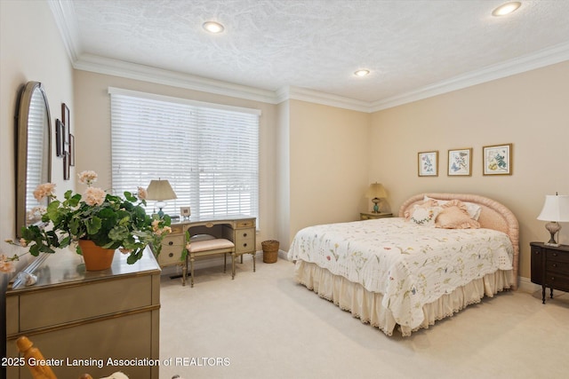 bedroom featuring baseboards, light carpet, a textured ceiling, and crown molding