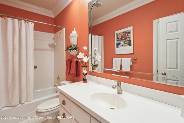 full bath featuring vanity, shower / bathtub combination with curtain, visible vents, ornamental molding, and toilet