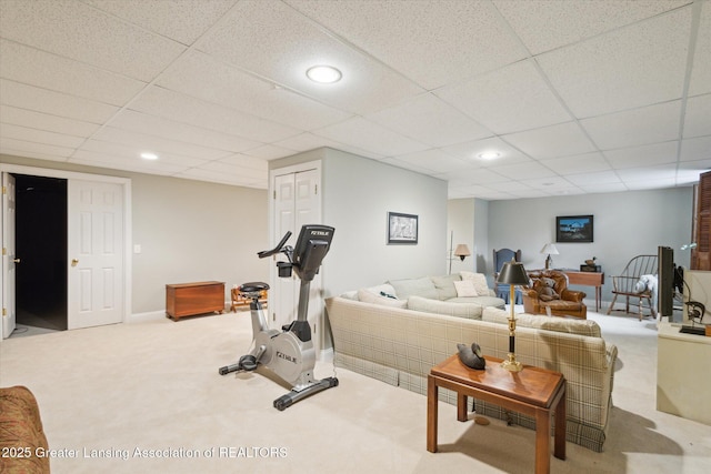 workout area with carpet flooring, recessed lighting, and baseboards