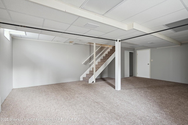 finished basement with stairway, carpet, and a paneled ceiling