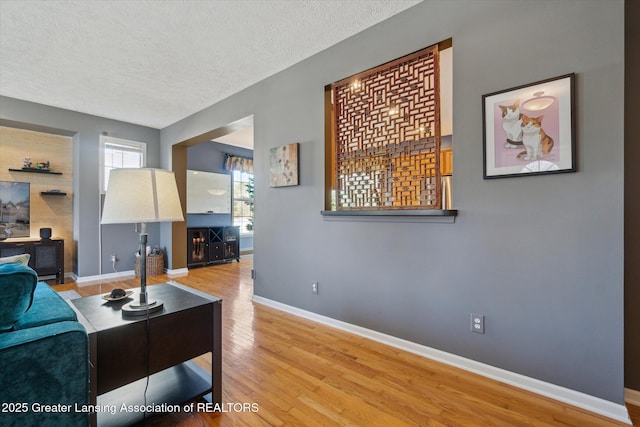 living area with wood finished floors, baseboards, and a textured ceiling