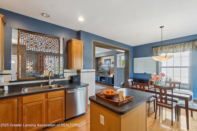 kitchen featuring a sink, plenty of natural light, stainless steel dishwasher, dark countertops, and decorative backsplash