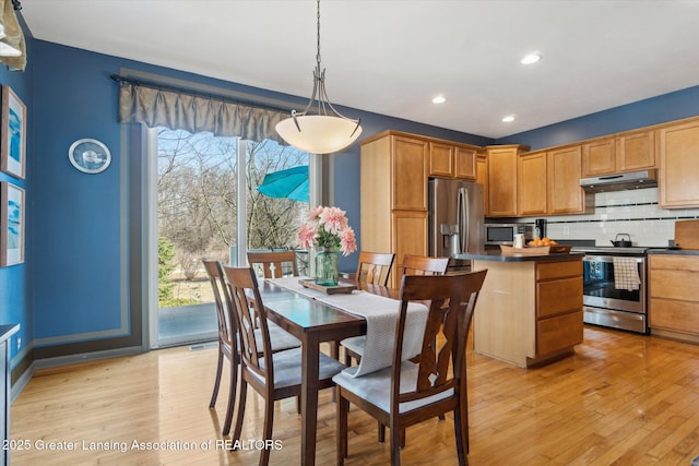 kitchen featuring under cabinet range hood, stainless steel appliances, tasteful backsplash, and dark countertops