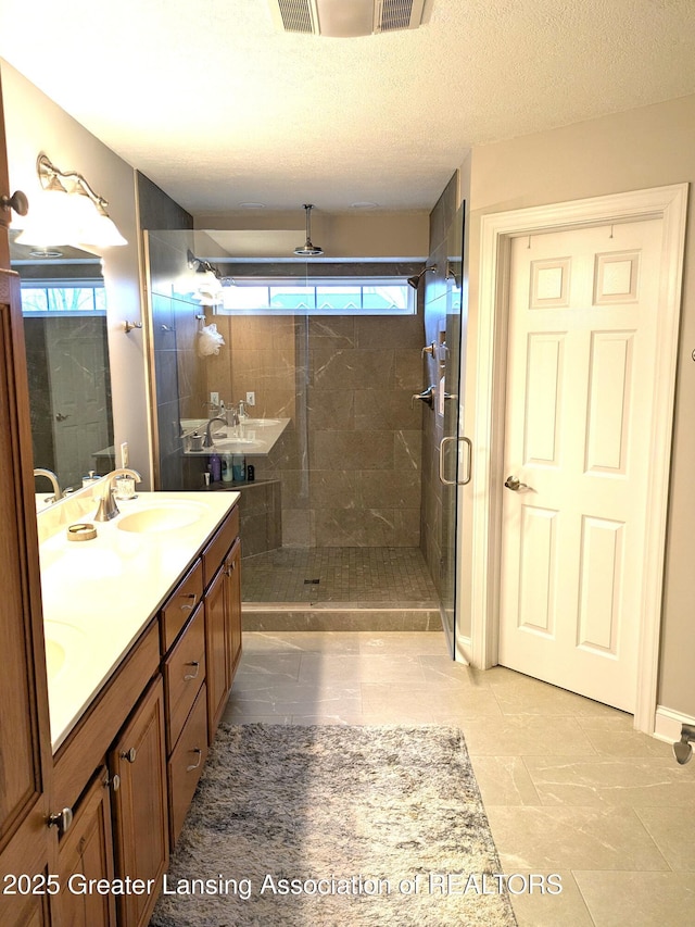 full bathroom featuring a textured ceiling, a shower stall, double vanity, and a sink