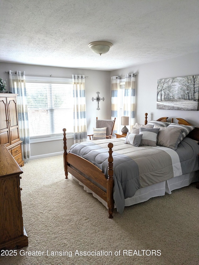 bedroom with multiple windows, carpet, and a textured ceiling