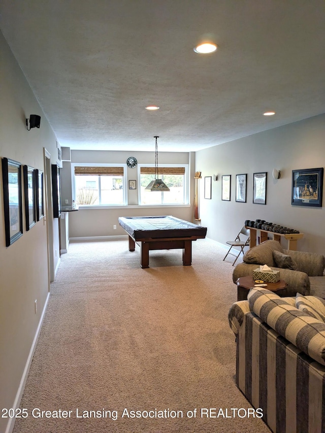 game room with recessed lighting, baseboards, billiards, and carpet