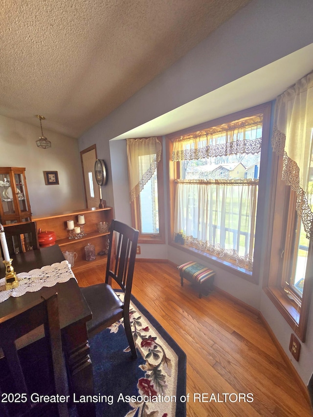 dining room featuring lofted ceiling, a textured ceiling, and wood finished floors