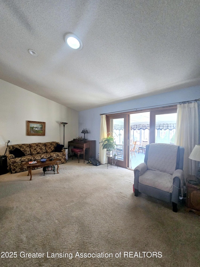 living room with carpet flooring, a textured ceiling, and lofted ceiling