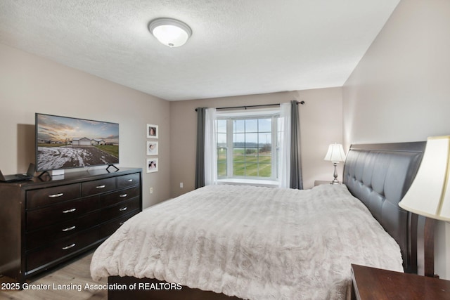 bedroom with a textured ceiling and wood finished floors