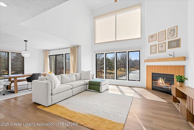 living room with a glass covered fireplace, a wealth of natural light, a textured ceiling, and wood finished floors